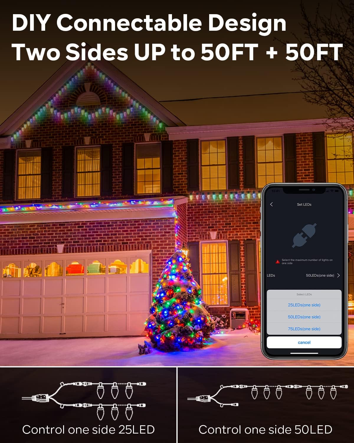 Dynamic C9 Christmas Lights Outdoor, 33Ft 50 LED Smart RGB, APP Remote Controlled, Connectable Waterproof Music Xmas Eaves Decoration image 2
