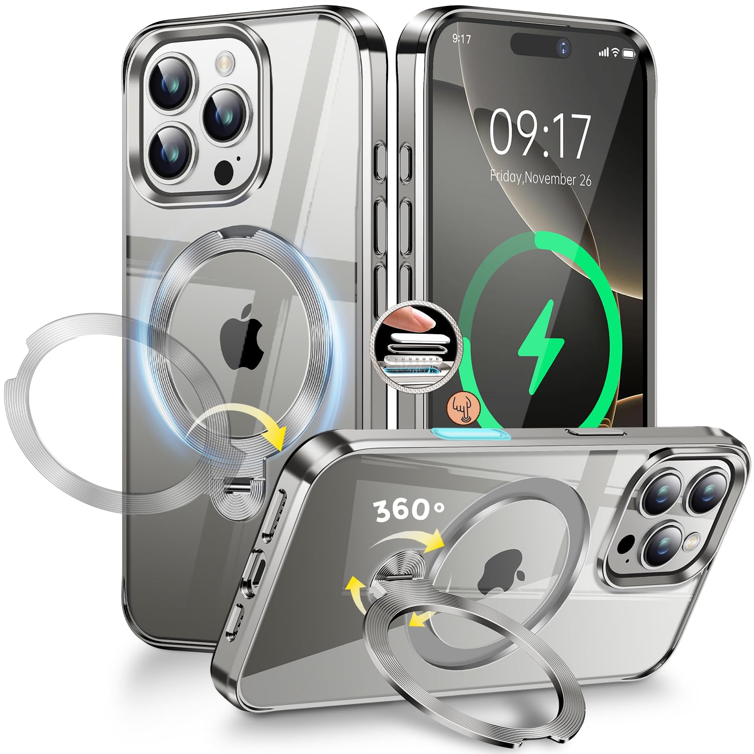 Photo 1 of [CD Metal Ring & Invisible 360° Spin Stand] Magnetic Case for iPhone 16 Pro Max [Electroplated Shockproof Bumper ][Compatible with Mag Safe]Cover with Stand for Women Men Slim Clear, Natural Titanium