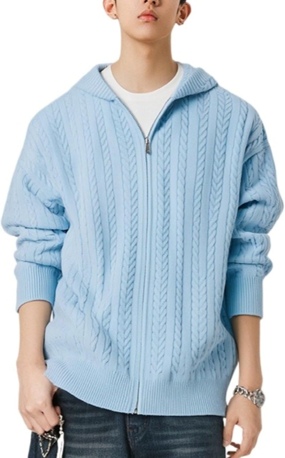 Men Drawstring Hooded Cable Knitted Jacket Unisex Loose Casual Zip up Knit Coat Winter Simple Style Cozy Sweater