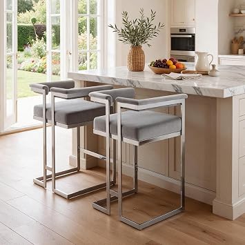 DUOMAY Modern 26" Bar Stools Set of 2 | Velvet Upholstered Counter Height Stool with Chrome Metal Frame, Kitchen Bar Chairs with Low Back, Grey