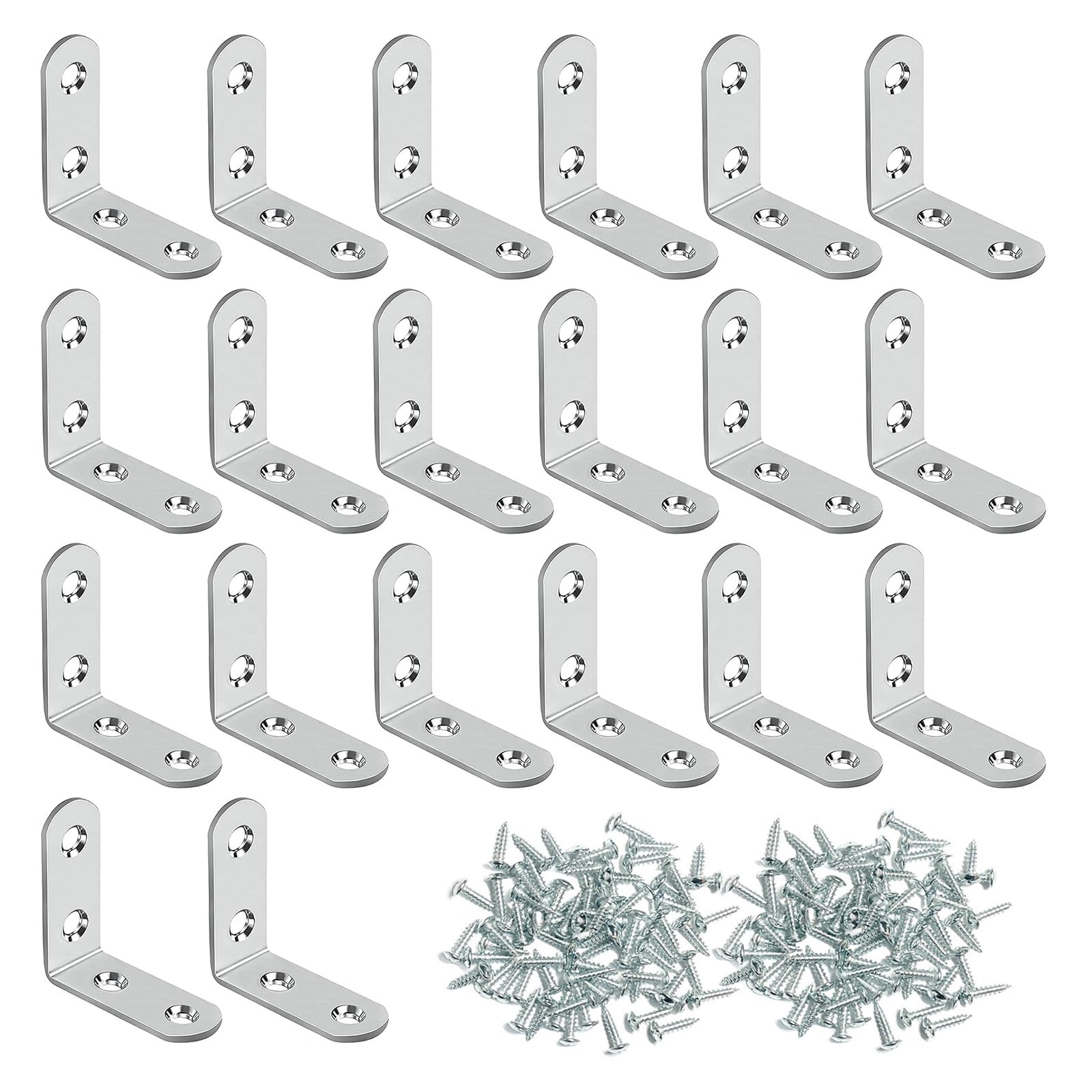 Ldzzuo 20 Pcs Angle Brackets, 90 Degree L Brackets for Wood, Corner Brace with 80 Screws, Stainless Steel Shelf Bracket for Fixing and Repairing Furniture (Silver, 40x40x16mm, 4 Holes)