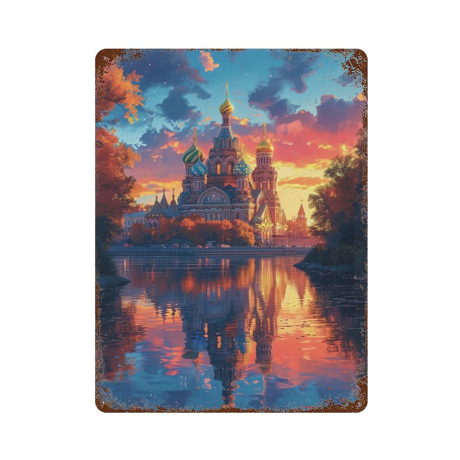 Garage Style Golden Sunset Reflections on Water Rust Effect Tin Sign 15.7"x11.8", Rustic Home Decor for Bar And Workshop