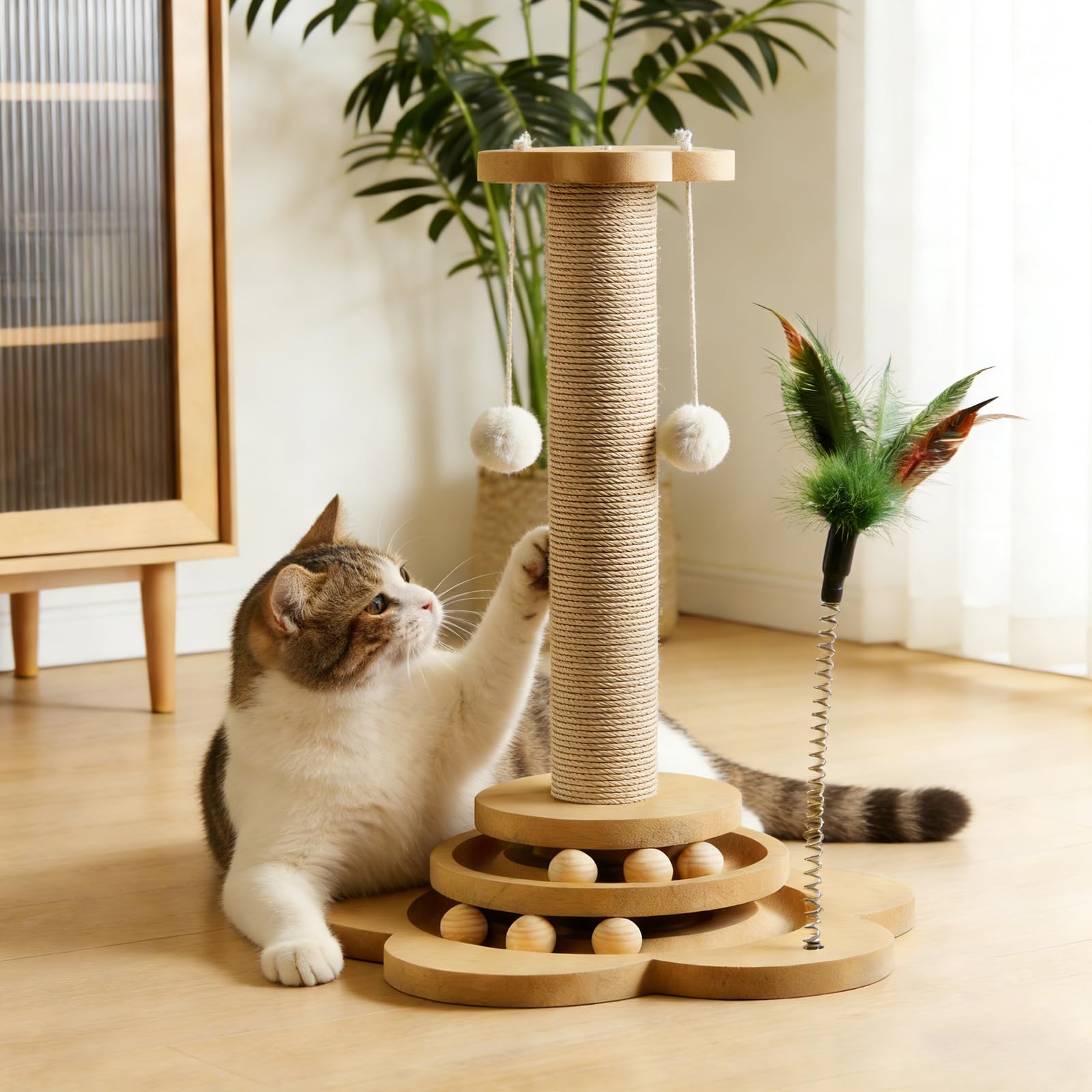 Griffoir pour Chat en Bois Massif de 46 cm, recouvert de sisal, avec balles roulantes et plumeau, Arbre à gratter interactif pour Jouer, griffer et se Reposer, protège Les Meubles