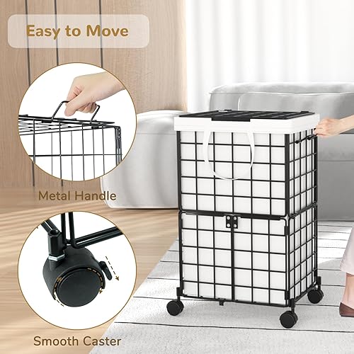 Miniatura 5 de cutefafa Cesta de lavandería de alambre con ruedas con forro extraíble, cesta de lavandería con tapa, plegable, organizador de ropa sucia,