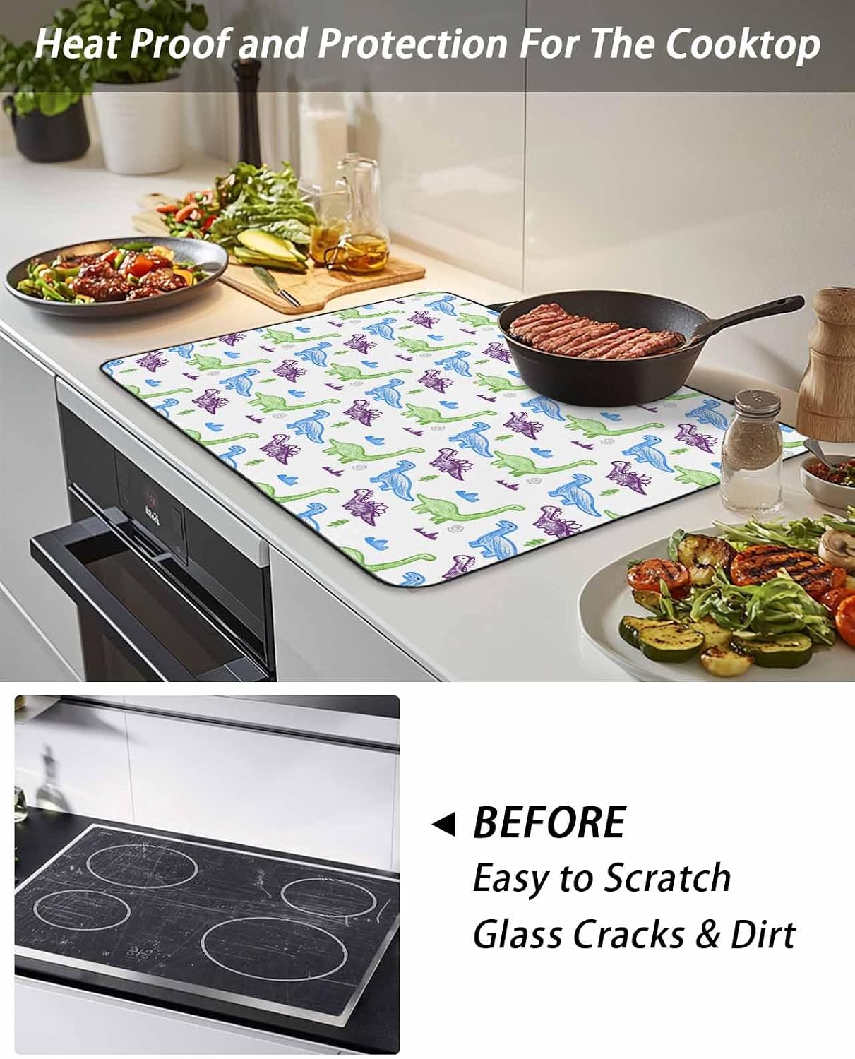 Stove Top Covers for Electric Stove 24x21 Inches, Cartoon Dinosaur HeatResistant Glass Cooktop Protector, Watercolor Funny Cute Green Blue Dino Ceramic Stovetop Countertop Covers Mat, Oven Cover