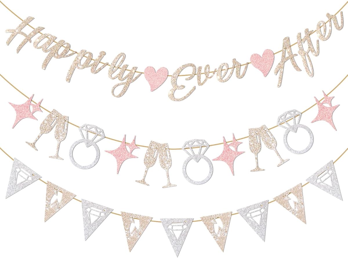 Hopecore Pre-Strung Happily Ever After Banner Set, Pink & Gold Glitter Wedding Bunting Decorations with Diamond Ring & Champagne Glass Cutouts for Bridal Shower, Engagement Party, Wedding Reception
