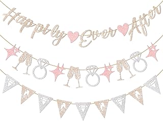 Hopecore Pre-Strung Happily Ever After Banner Set, Pink & Gold Glitter Wedding Bunting Decorations with Diamond Ring & Champagne Glass Cutouts for Bridal Shower, Engagement Party, Wedding Reception