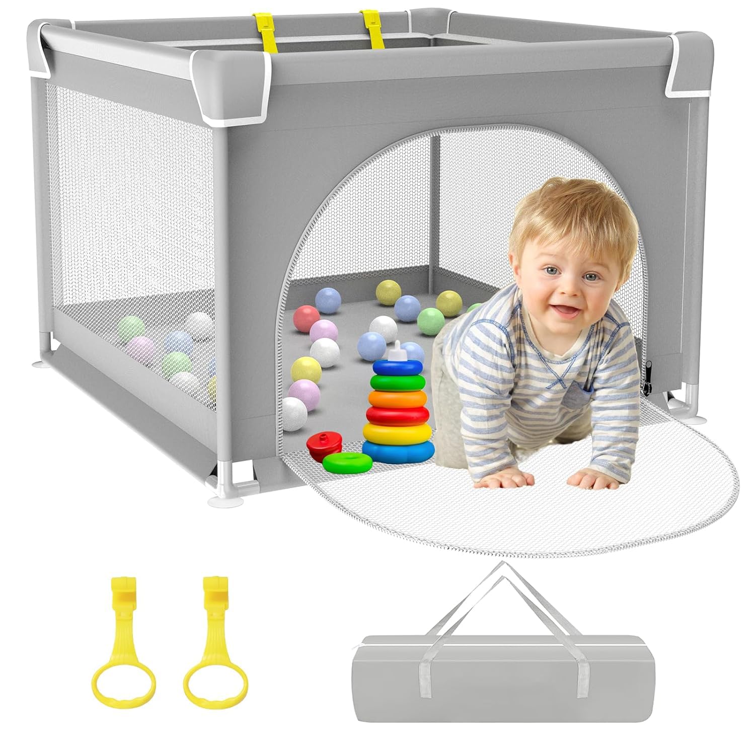 Parque Infantil Bebe,90x90cm Pequeño Corralito Bebe | Corralito Bebe Para Apartmento con 2 Agarraderas,Malla Transpirable,Base Antideslizante,Centro de Actividades Seguridad Bebe