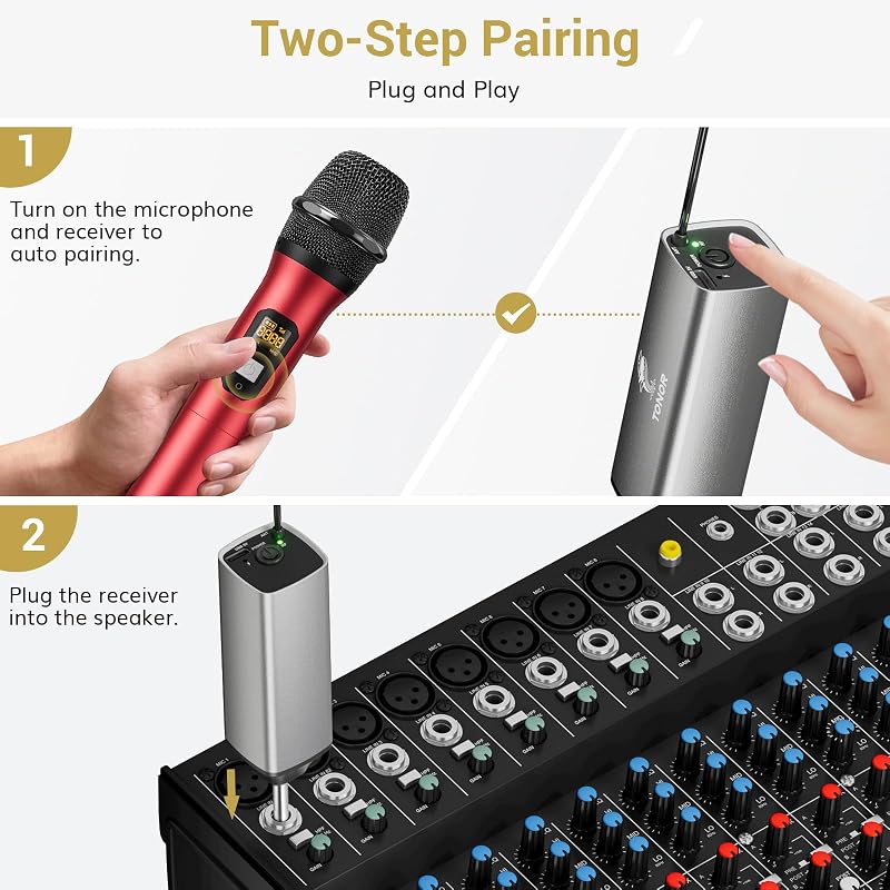 TONOR TW630 Vezeték Nélküli Mikrofon Szett - Dupla UHF Fém Mikrofon Tölthető Vevővel, 60m Hatótáv, Karaoke, Rendezvény, DJ