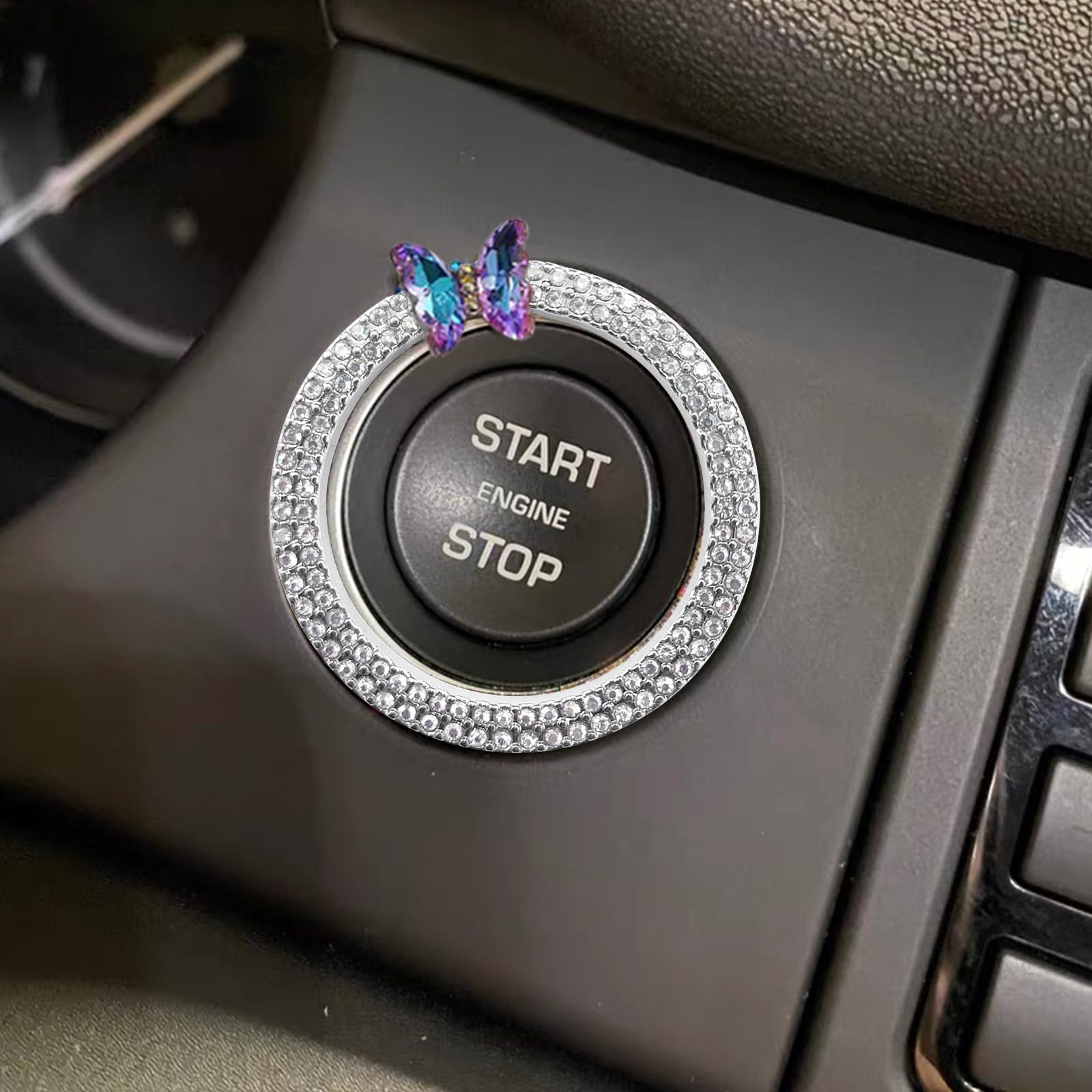 3leavtrees Purple Butterfly Car Bling Ring Emblem Car Accessories for Buttons & Knobs,Shiny Crystal Rhinestone Cover Protection Ring, Bling Car