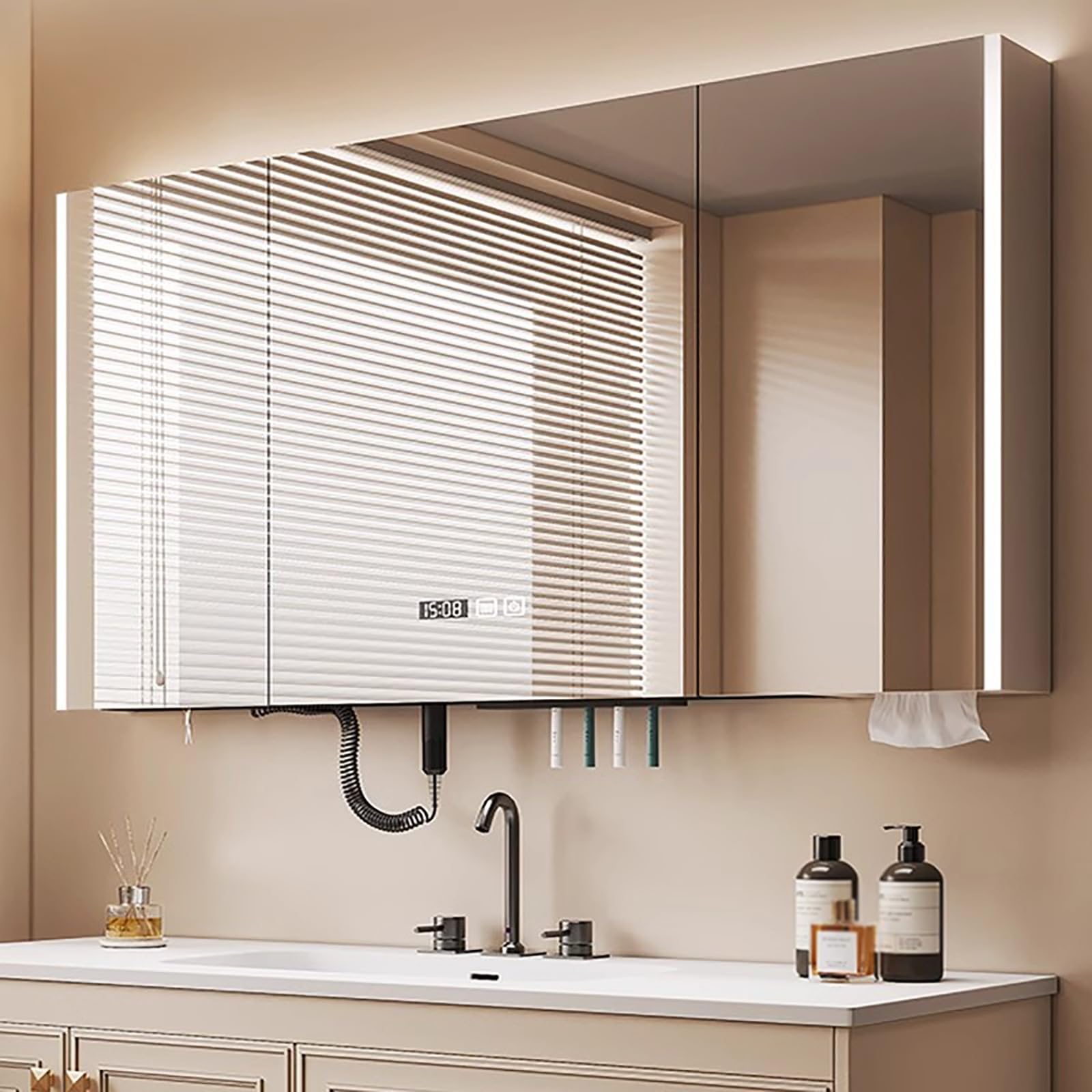 Szafka na leki łazienkowe z lustrem LED i przeciwmgielne, wielopoziomowe pudełko na leki, wielofunkcyjne do organizacji łazienki i pralni, 100 x 75 cm / 39,3 x 29,5 bit