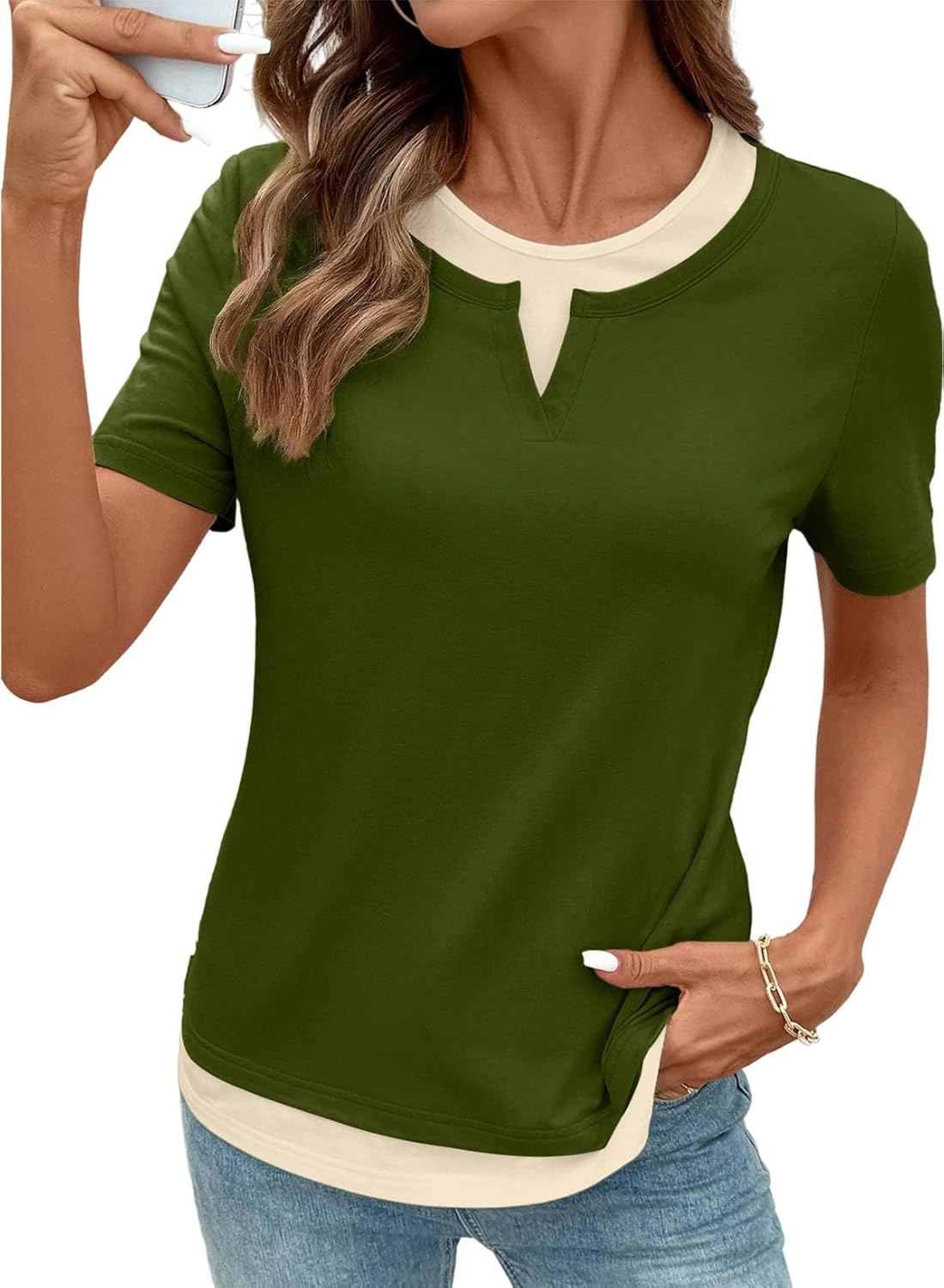 SHEWIN Womens Tops Casual Crewneck Color Block Short Sleeve Mock Double Layer T-Shirt Summer Outfits for Women 2026