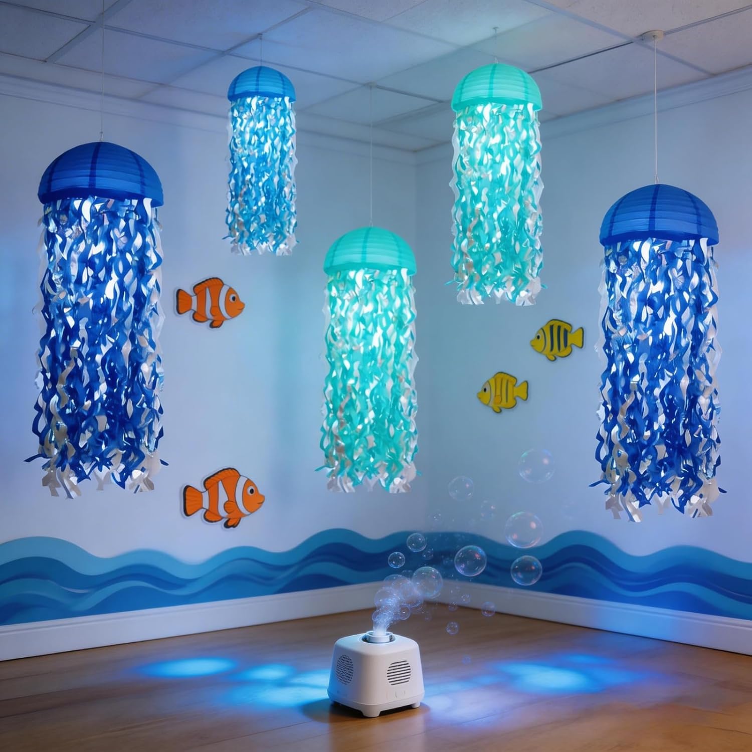 Jellyfish Paper Lanterns with LED Lights Set of 6, Blue Mix Dome | Hanging Floating Decorations for Under the Sea Party Mermaid Birthday Ocean Classroom Beach Room Aesthetic