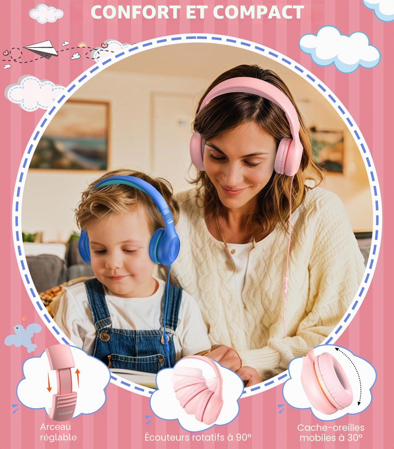 Casque filaire USB de type C pour enfants avec microphone pour garçons et filles, volume limité de 85 dB/94 dB réglable (rose)