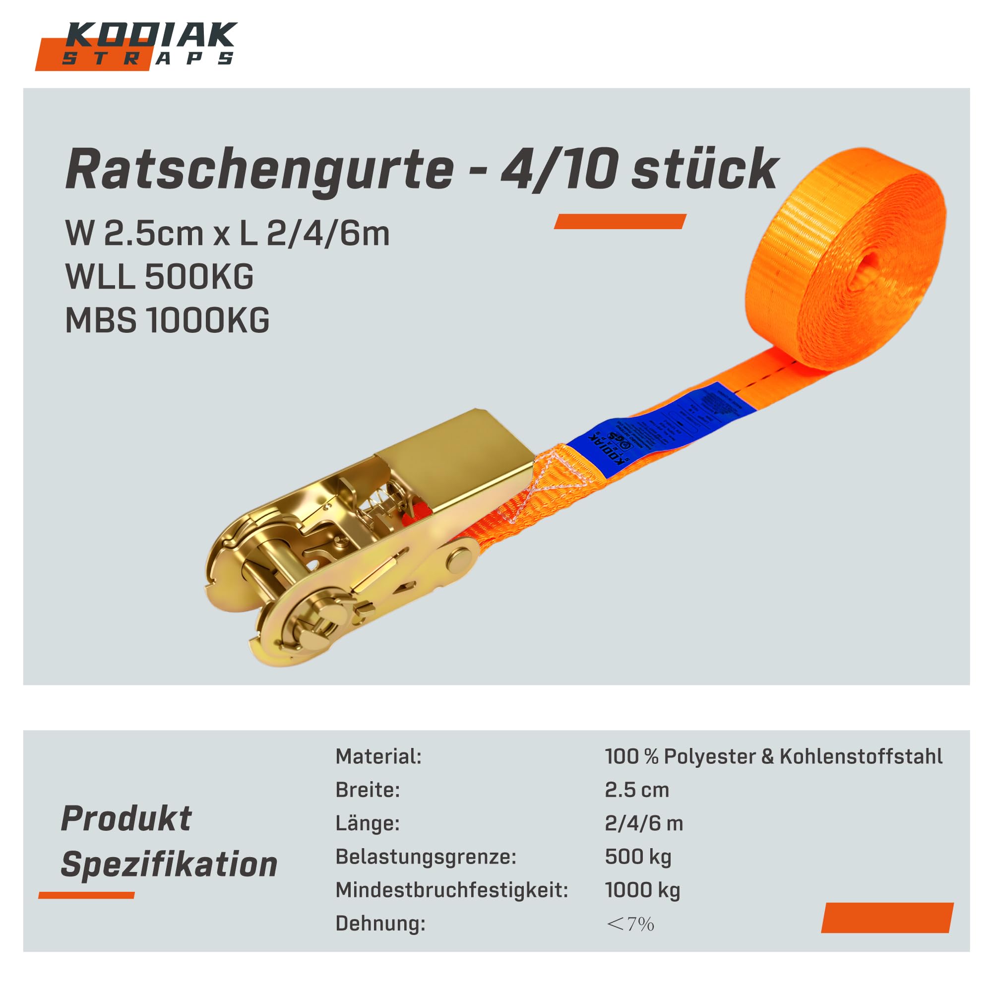 10 Pack Ratchet Straps 6m x 1000kg with Ratchet Buckle, 25mm Lashing Straps with Ratchet - Image 2