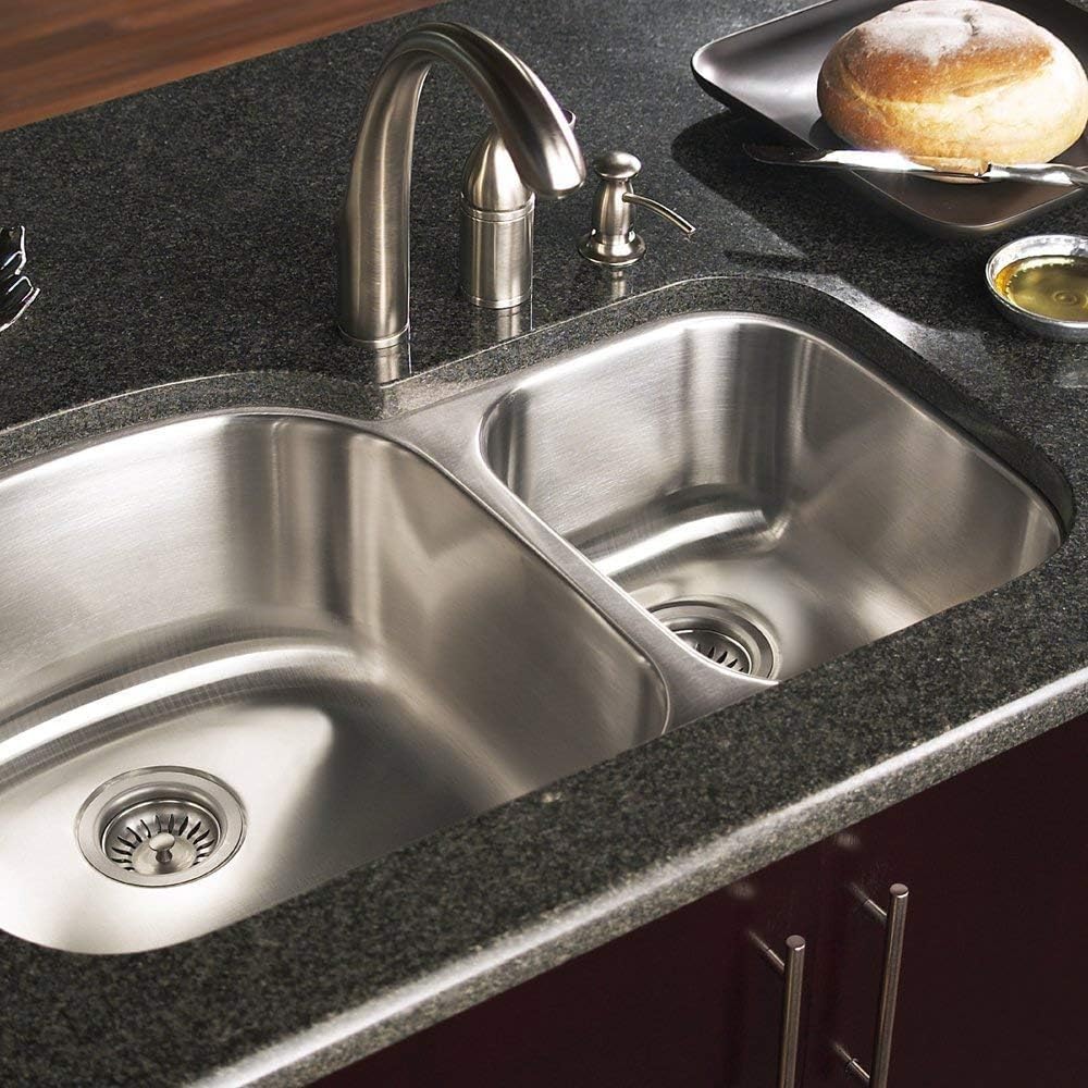 Houzer MC-3210SR-1 Medallion 32 Inch Stainless Steel Kitchen Sink, Undermount, Cabinet Compatibility, 70/30 Double Bowl Kitchen Sink, Small Bowl Right, Satin Finish