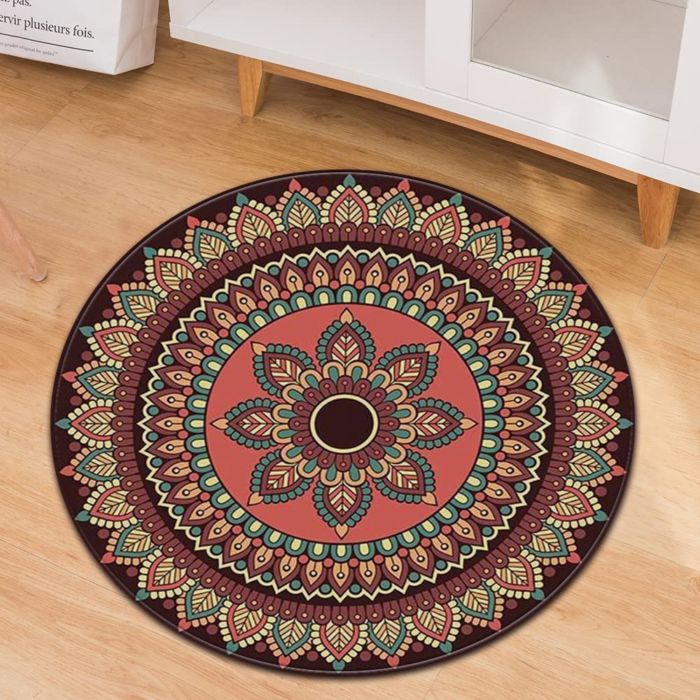 Morbuy Tapis Rond Lavable en Machine, Imprimé Mandala Vintage Interieur Anti Slip Chambre à Coucher Salon Tapis d'Entrée Absorbant Antidérapant (160cm,Style Ethnique)