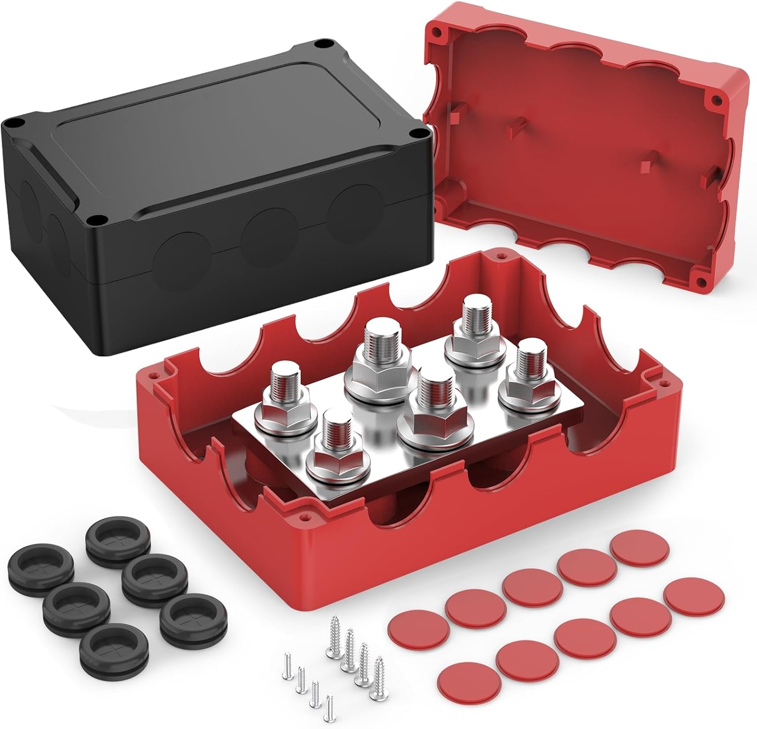 Power Distribution Block 500A Bus Bar with 2X 3/8"(M10) + 4X 5/16"(M8) Studs, 48V DC Automotive Heavy Duty Marine Battery Terminal Block with Cover