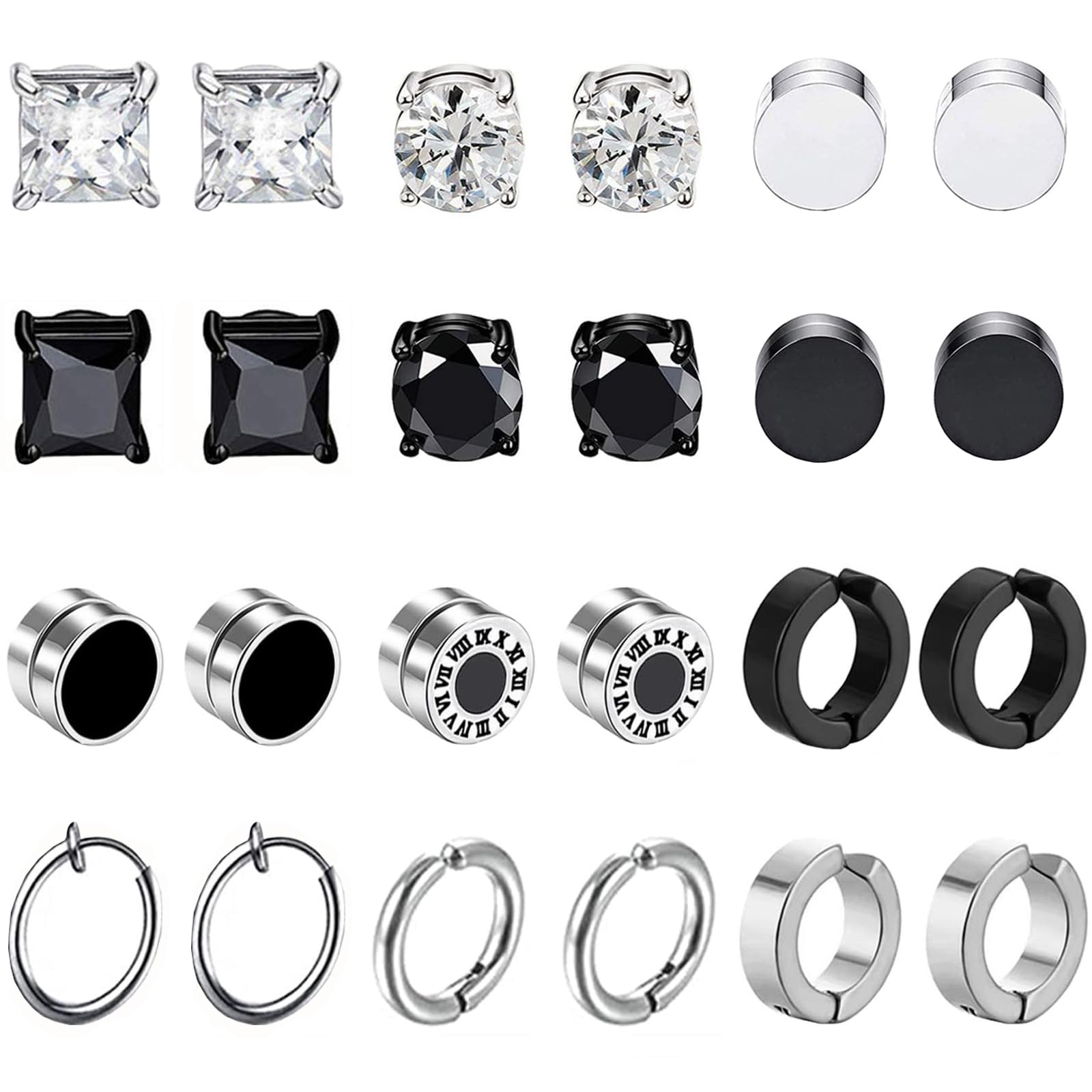 VELESAY 12 Pares Pendientes Magnéticos de Acero Inoxidable Imán Hombre Pendientes Clip Hombre Sin Agujero Pendiente Falsos CZ Magnet Mujer Aro Pendientes Set Plata Negro
