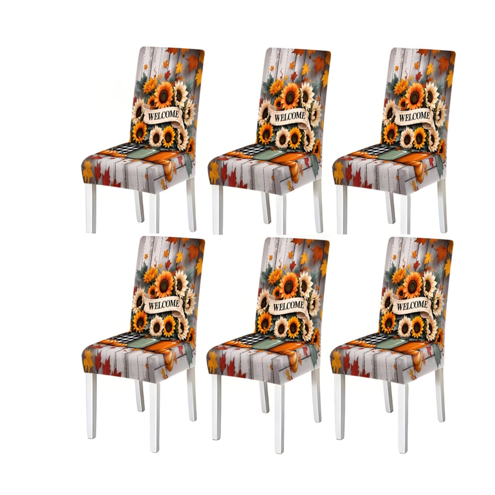 KXUAUV Autumn Sunflower & Welcome Print Stretch Dining Chair Covers, Set Of 2/4/6 Seat Protectors for Restaurant Hotel Party(6PCSChair cover)