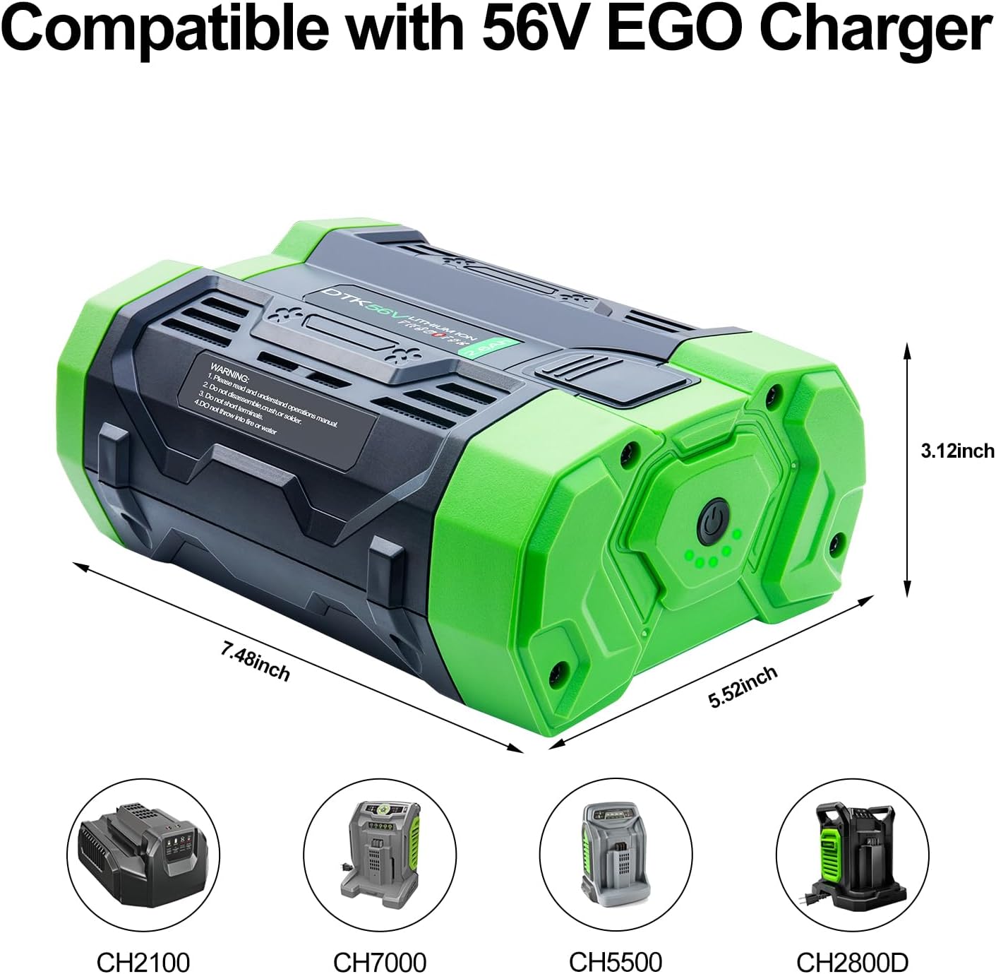 DTK 56V 2.6Ah Lithium-ion Battery compatible chargers and dimensions