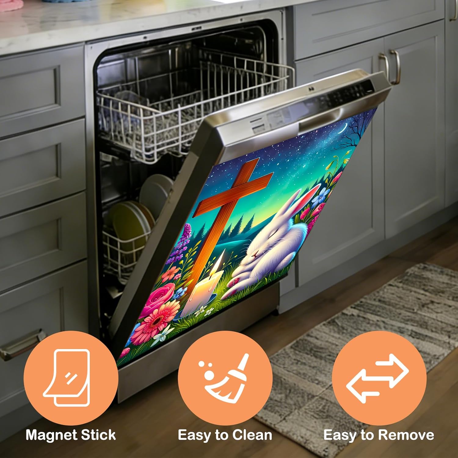 Nuxovilar Dishwasher Magnet Cover - Easter Bunny & Cross PVC 25.59×23.03inch Easter Decorative Cover, Meaningful Accent for Kitchen, Home, Holiday Gatherings