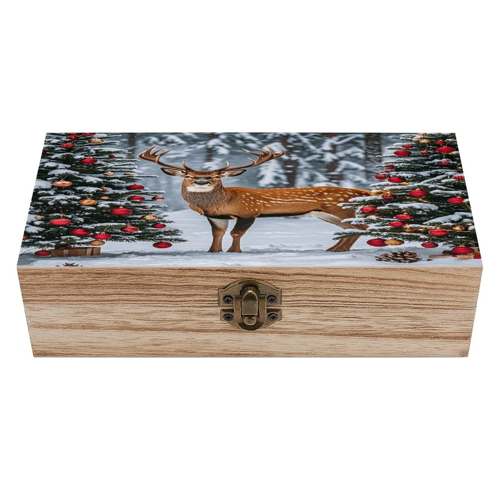 VstaDank Cow Deer Trees Christmas Wooden Storage Box Decorative Jewelry Case with Lids Exquisite Wood Box Letters Gifts Acacia Wood Boxes Fashion Wooden Keepsake Boxes for Men Women