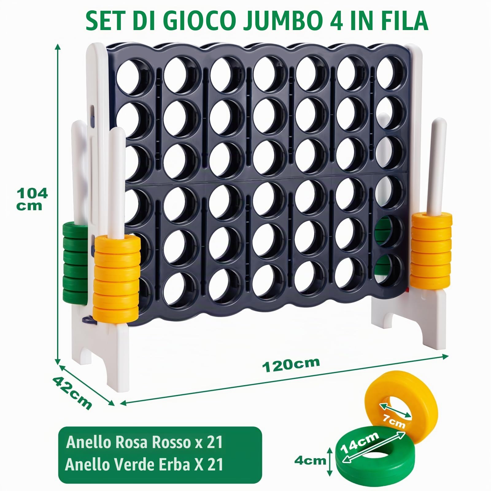 HOMASIS Gioco del 4 in Fila Grande, Forza 4 Gigante con 42 Anelli e Scorrimenti, Gioco di Strategia da Tavolo XXL, Giocattolo per Bambini e Adulti all'Aperto per Feste, Compleanno (Grigio)
