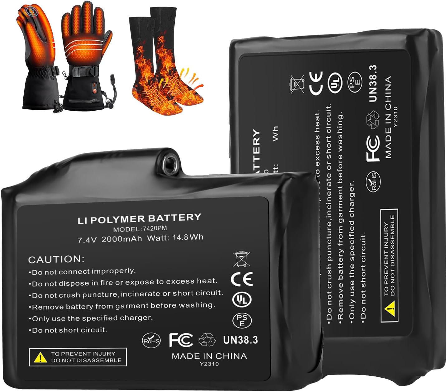 7.4V Battery Pack for Heated Gloves Socks, USB Charging Cable Rechargable Lithium Polymer Batteries for Heated Gloves Socks Hats Mittens Heating Pad (2000mah, 2)