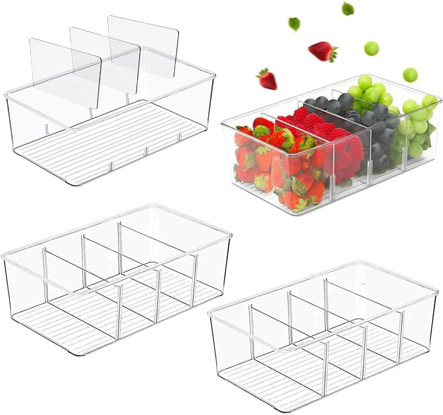 Tesdluy 4 Pack Refrigerator Organizer Storage Bins,3 Removable Dividers Clear Food Grade Plastic Stackable, Easy Pantry Organization for Kitchen, Cabinet, Fridge