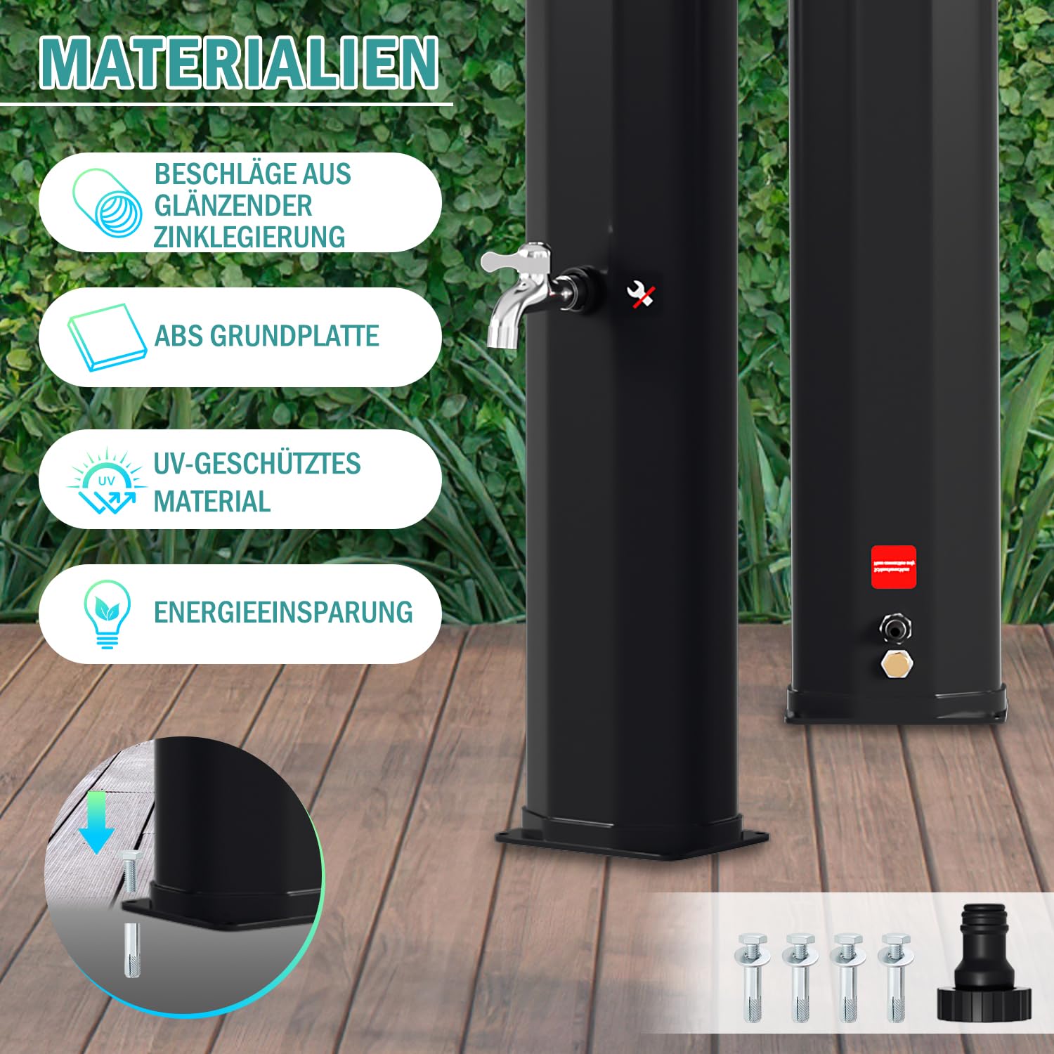 Randaco Solardusche Solar Gartendusche warmes Wasser Bis Zu 60°C Ohne Stromanschluss Pooldusche Camping mit Fußdusche und schwenkbarem Regenduschkopf Schwarz (40L)