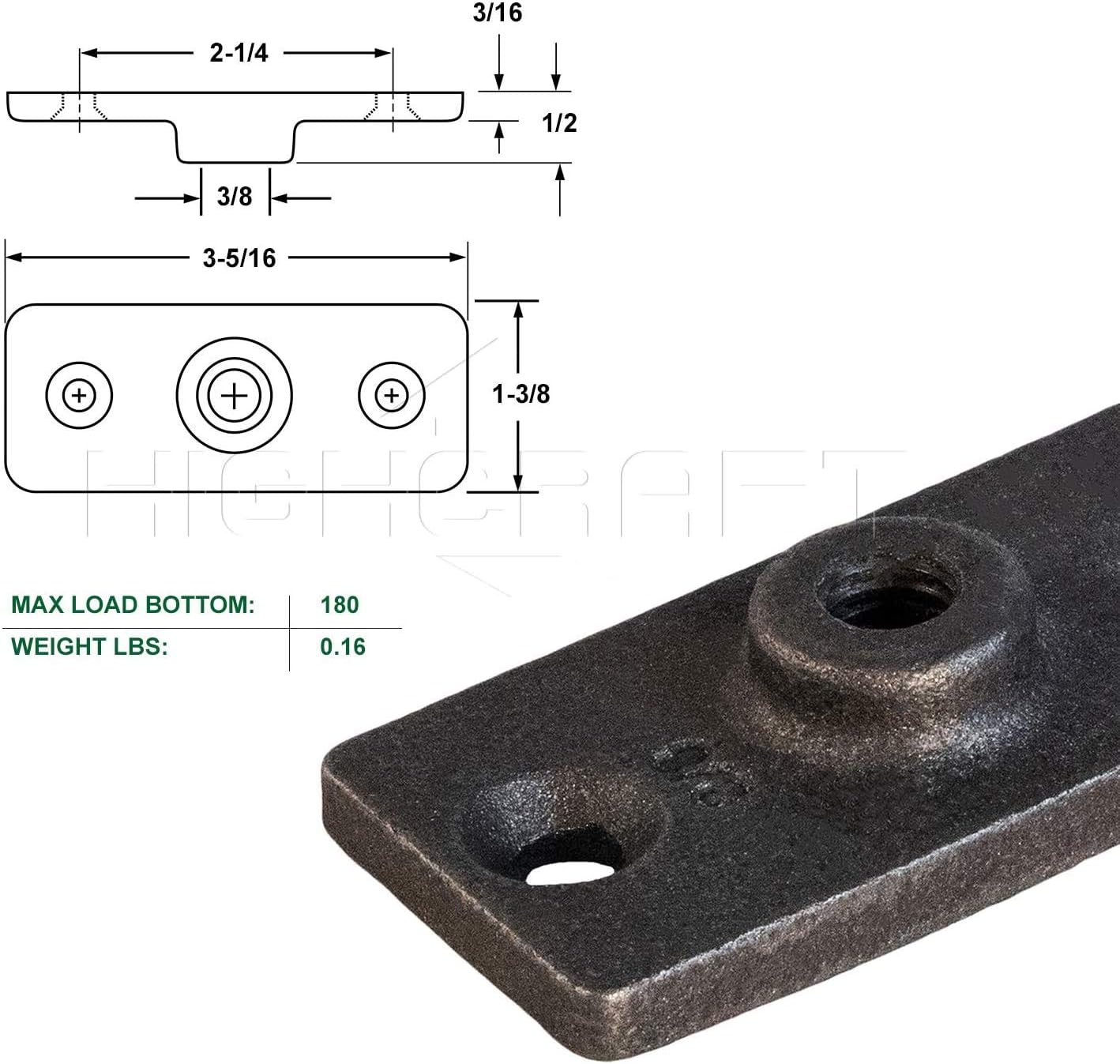 Highcraft PLTB38 Ceiling Flange; Hanger Plate for 3/8 in. Threaded Rod (Not Pipe), for DYI Plumbing and Industrial Decor, 1-3/8 W x 3-5/16 L, Iron, Black