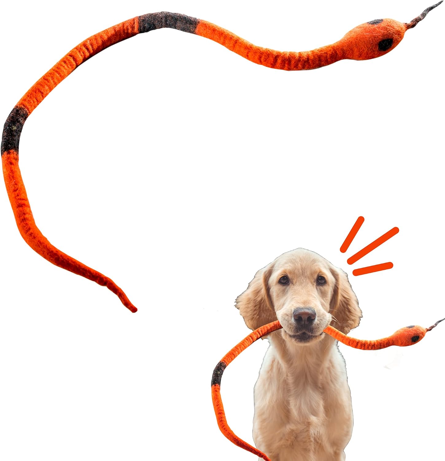 Le Sharma Wool Snake, No Stuffing Cat and Dog Play Toy, Handmade, All Natural (40 Inch, Orange/Black)