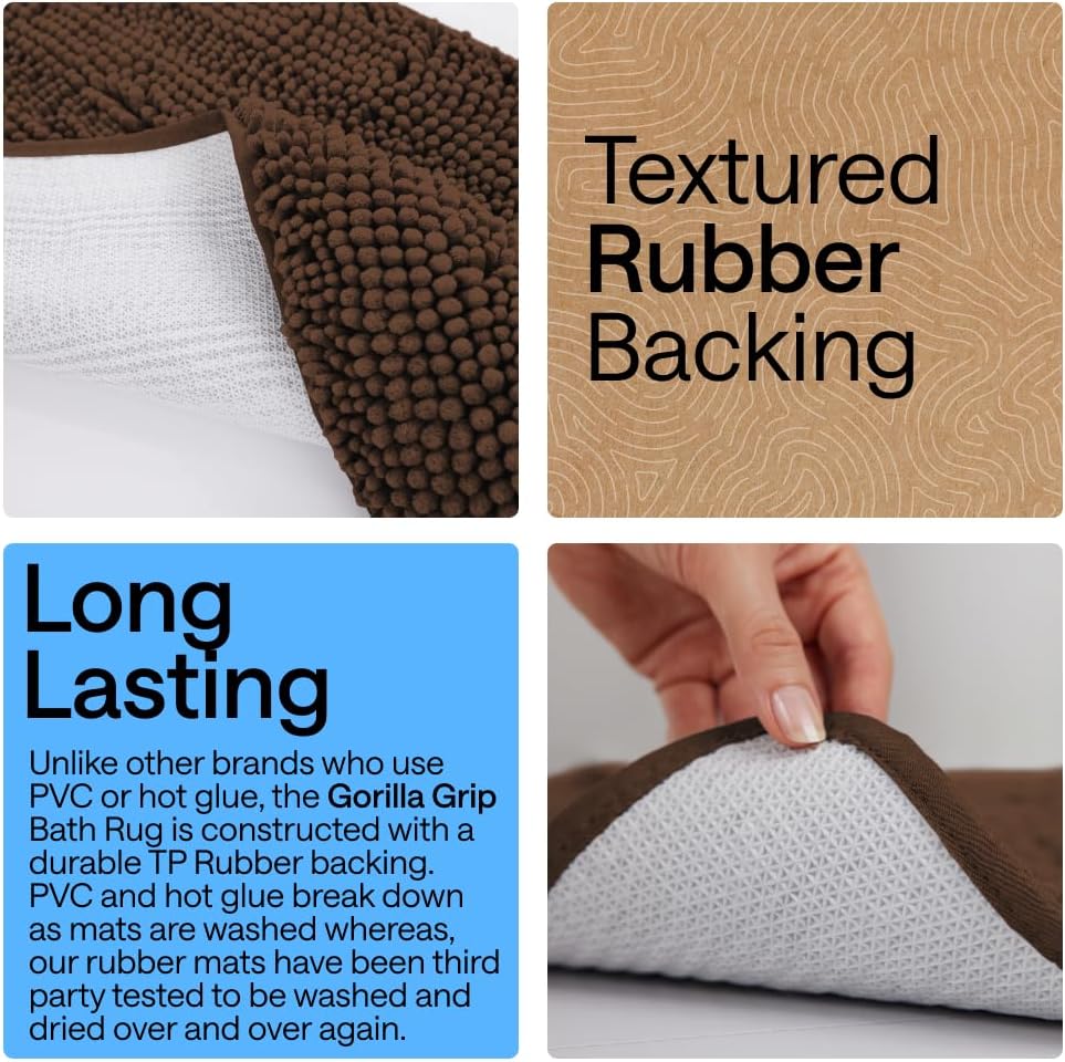GORILLA GRIP Bath Rug Mat 60x24, Thick Soft Absorbent Chenille, Quick Dry Microfiber Mats, Rubber Backing Washable Shower Floor Rugs, Bathmat Runner, US Designed Bathroom Home Decor Accessories Brown