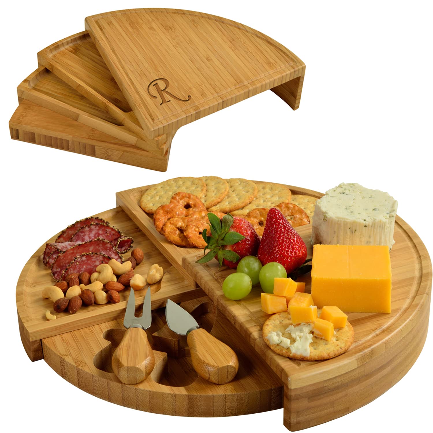 Picnic at Ascot Patented Personalized Monogrammed Engraved Bamboo Cheese/Charcuterie Board with Cheese Knives- Designed & Quality Checked in the USA