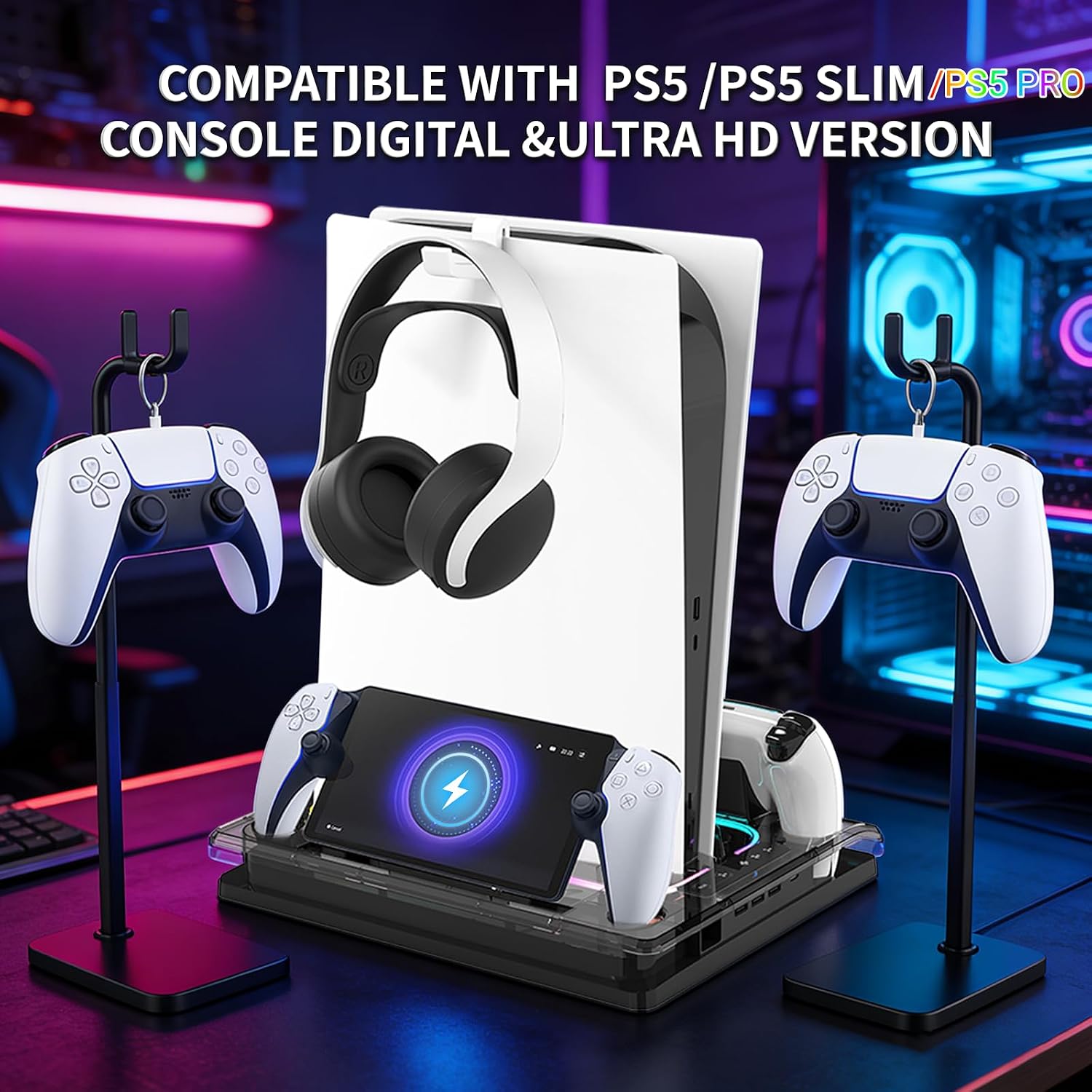 Cooling Station And Console Stand for Ps5/Ps5 Slim /Pro,Dual Controller Charging Dock with Rgb for Playstation 5,with PS Portal Charger,Headset & Holder Charging Ports (White)