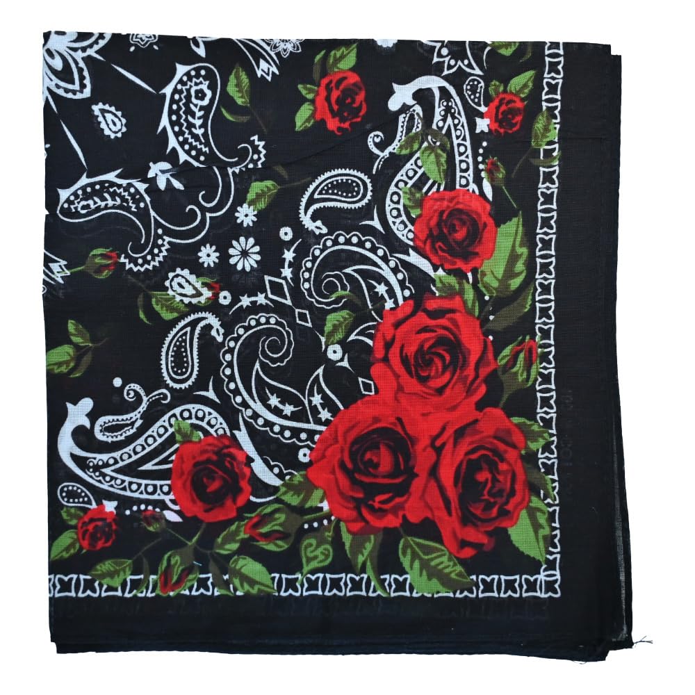 The Tie Company Unisex Red & Black Red Rose Paisley Bandana Head Neck Scarf Wrist Wrap Head Hair Band Flower Cotton - Black Rose Paisley