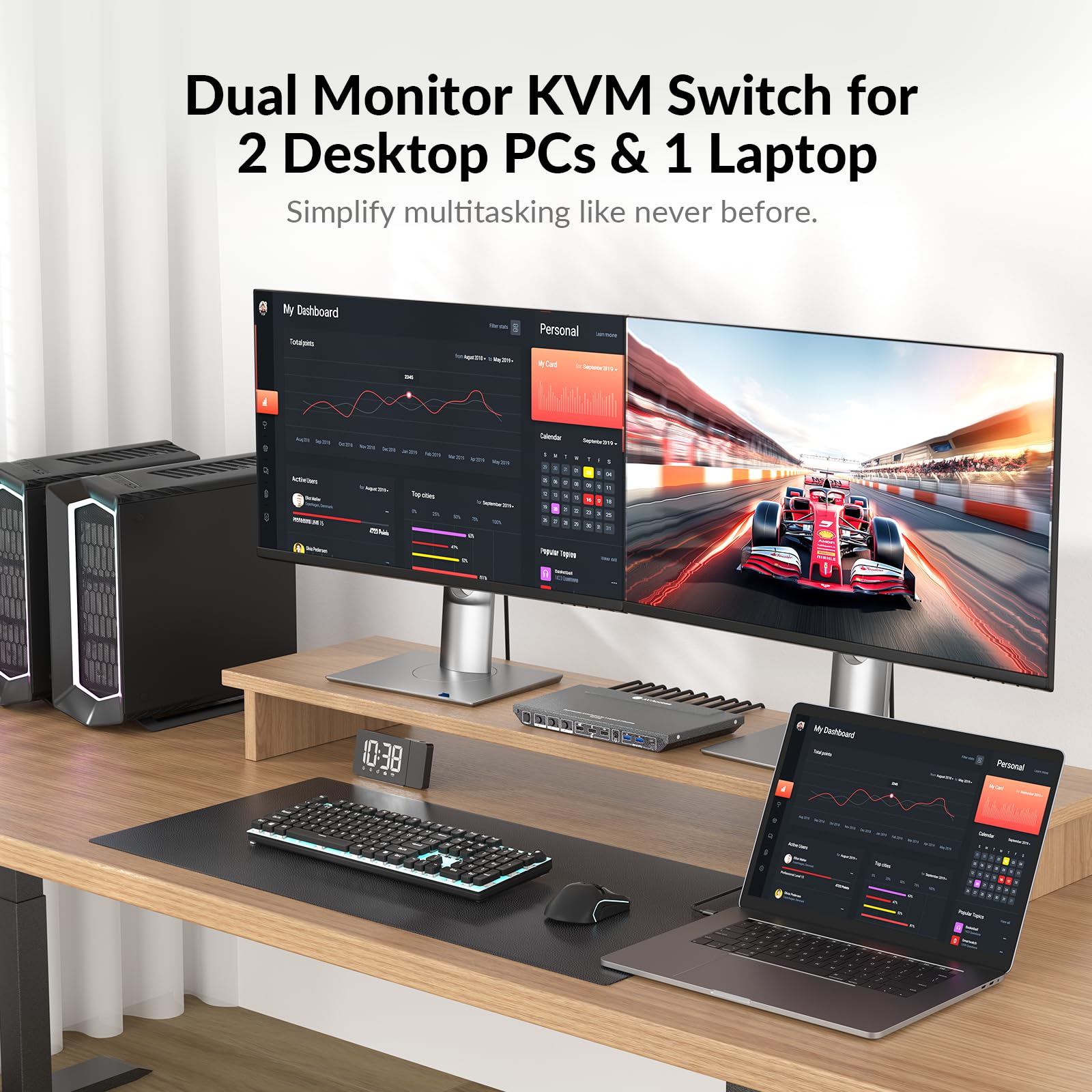 Docking station AV Access KVM Switch 1 laptop e 2 PC desktop, doppio monitor 4K a 60Hz, emulazione EDID, ricarica USB-C da 100 W, Gigabit Ethernet, alte velocità di aggiornamento, ideale per giochi