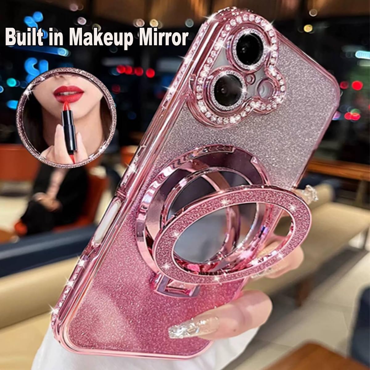 for iPhone 16 Plus Magnetic Glitter Kickstand Case, [Compatible with MagSafe] Girly Woman Makeup Mirror Cute Bling Rhinestones Cover + Camera Protector Ring Stand for iPhone 16 Plus (Pink) image 3