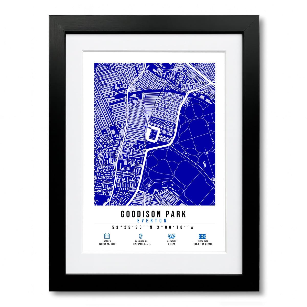 Goodison Park Stadium Map Minimalist A4/A3 Poster Photo Print Framed Gift Everton (A4 Black Framed & Mounted)