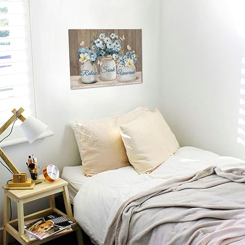 Vista 5 de Lienzo de pintura floral azul rústico con flores de granja para arte de pared, letreros de baño, arte moderno, decoración del hogar para oficina, 16