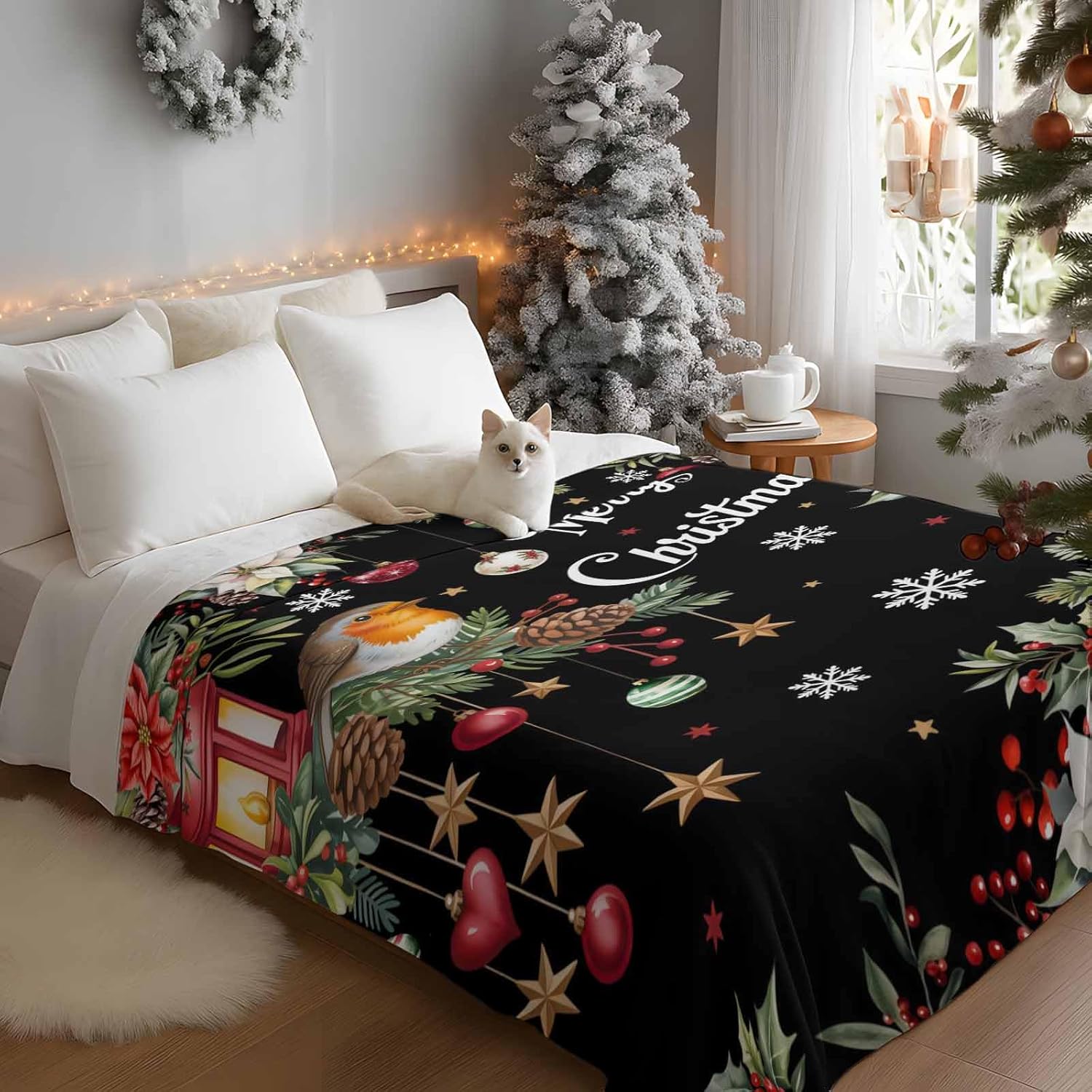 Merry Christmas Black Fleece Throw Blanket Bird on Holly Poinsettia Snow Xmas Ball Soft Fuzzy Blankets and Throws Cozy Warm Fleece Lightweight Winter Holiday Blanket for Bed Couch Sofa 40x50 Inch