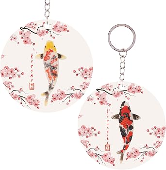 Cherry Blossom Koi Keychain - Lucky Japanese Carp Charm - Mini Zen Garden Keyring