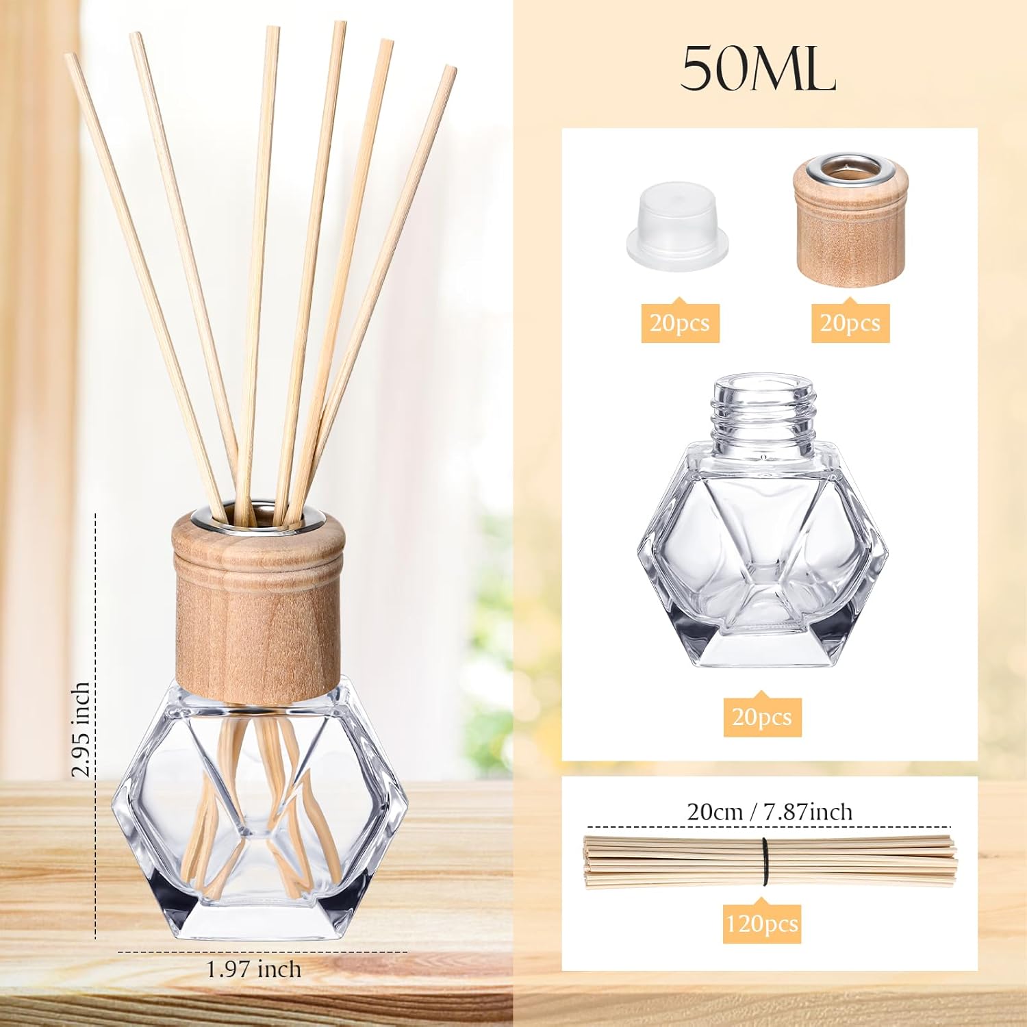 Roshtia 20 Set Reed Diffuser Bottle Empty Refillable Fragrance Glass Diffuser Bottles Set with Wooden Caps Rattan Sticks 50ml 1.7 oz Irregular Glass Jars for DIY Fragrance