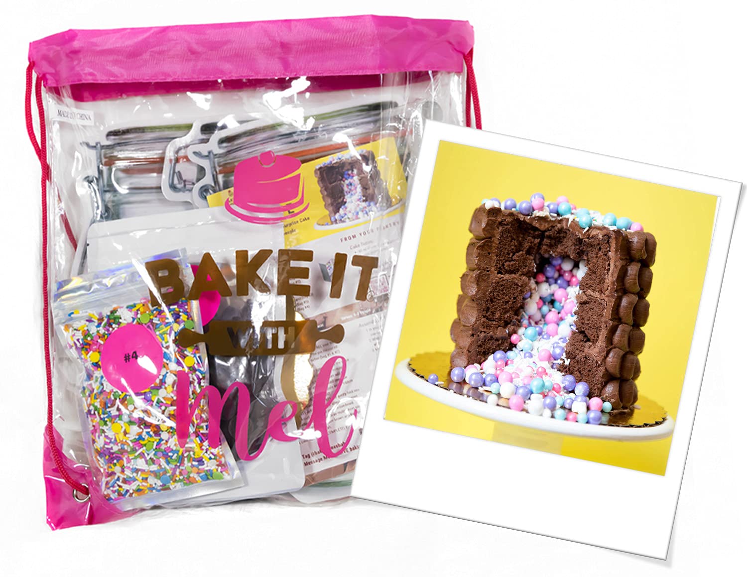 Chocolate Cake Mix Baking Set – 15-Pc. Chocolate Surprise Cake Baking Kit Serves 6 to 8, with Dry Ingredients, Utensils, Cake Board, 3 Cake Forms – Baking Kits for Kids & Adults by Bake It With Mel