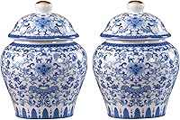 2-Pack Chinoiserie Blue & White Porcelain Mini Ginger Jars with Lids - Oriental Ceramic Storage & Decor Jars