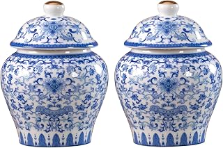 2-Pack Chinoiserie Blue & White Porcelain Mini Ginger Jars with Lids - Oriental Ceramic Storage & Decor Jars