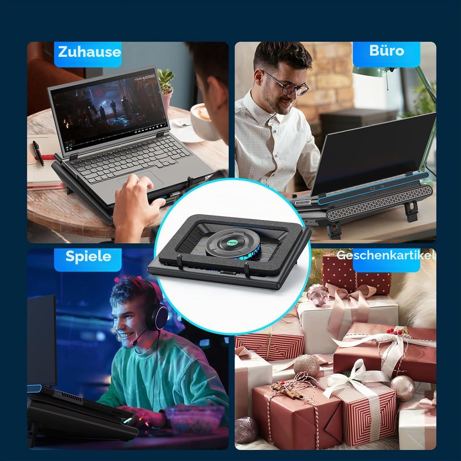 llano Gaming Laptop Kühler Kühlpad mit stufenloser Touch-Bedienung& Mauspad 3-Port USB A Extra-groß Leistungsstarker Turbo-Lüfter Dichtungsschaum für 15-19'' Computer Notebook (Kein RGB)