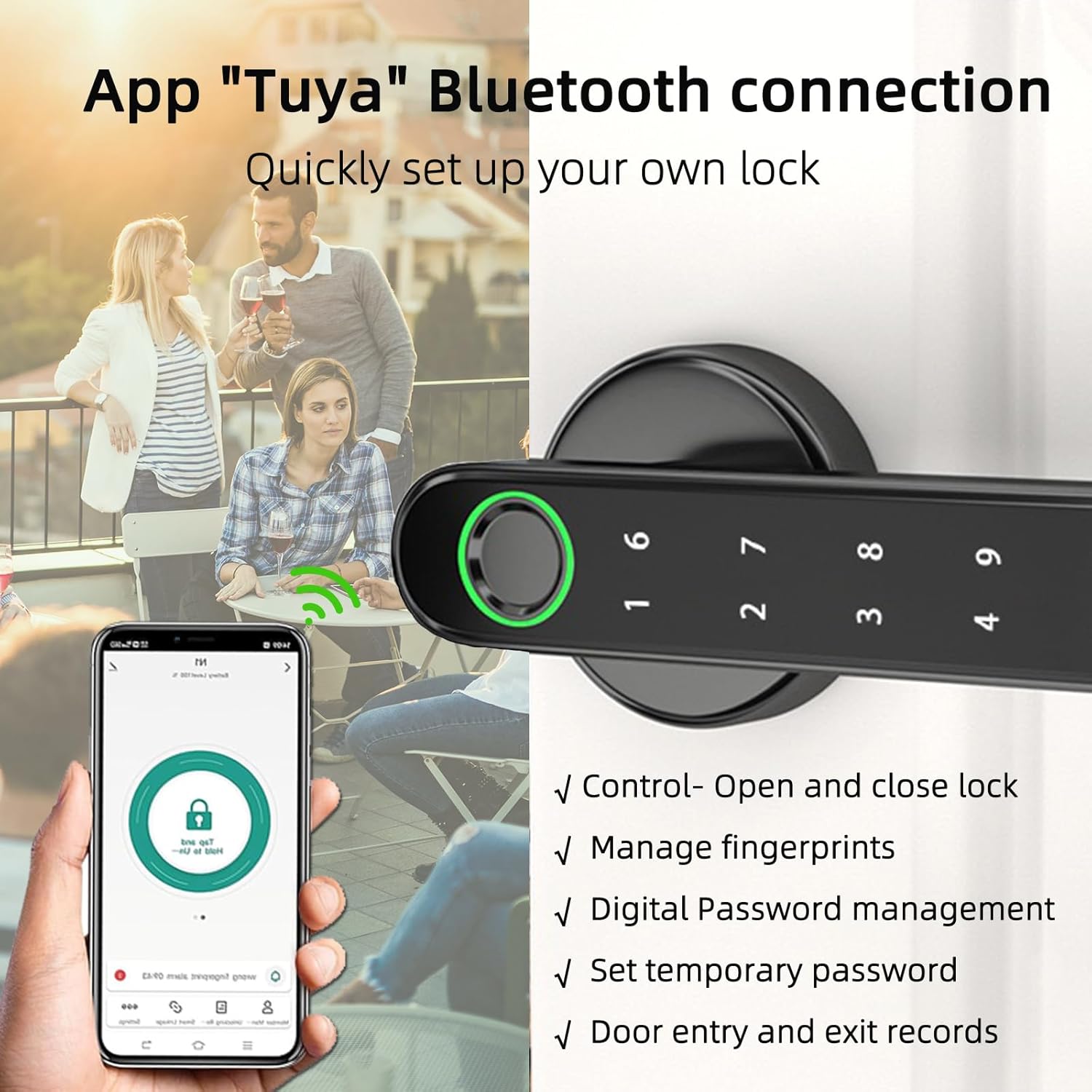 A smartphone screen displaying the Tuya app interface for controlling the smart lock, with options to open/close, manage fingerprints, and set passwords.
