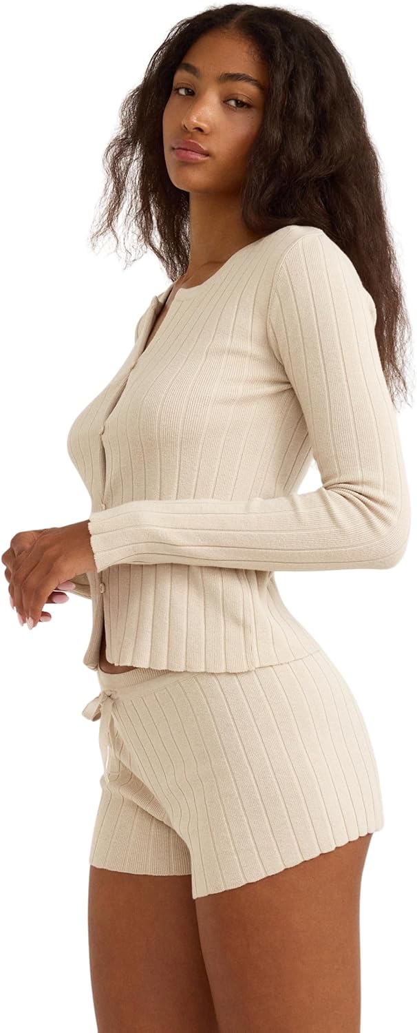 Organic Basics Women's Soft Knit Ribbed Sweater Shorts, Sandstone, XX-Small - Image 2